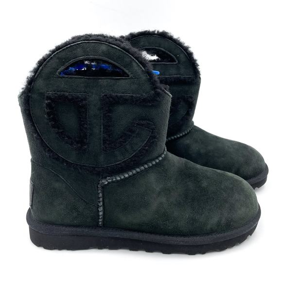 Ugg x Telfar Mini Boots Black‎ Suede Wool Ankle Round Toe Pull On Sz 8 - Picture 1 of 11